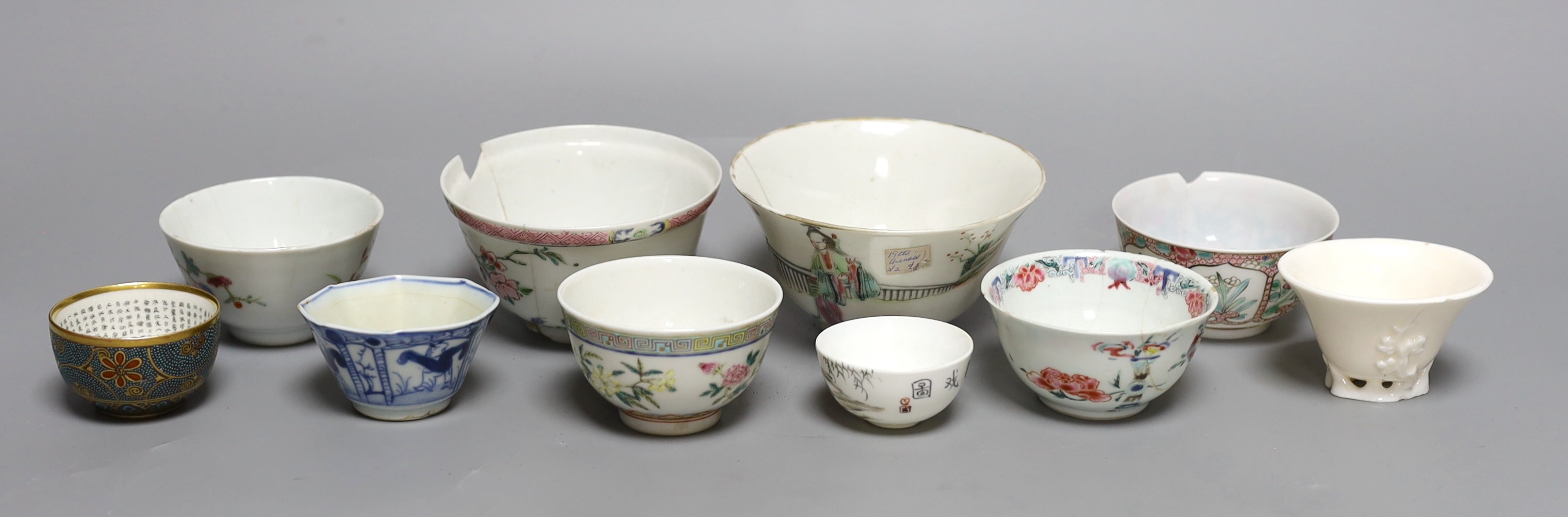 A Chinese Dehua libation cup, eight 18th century and later Chinese porcelain tea bowls and a Kutani tea bowl